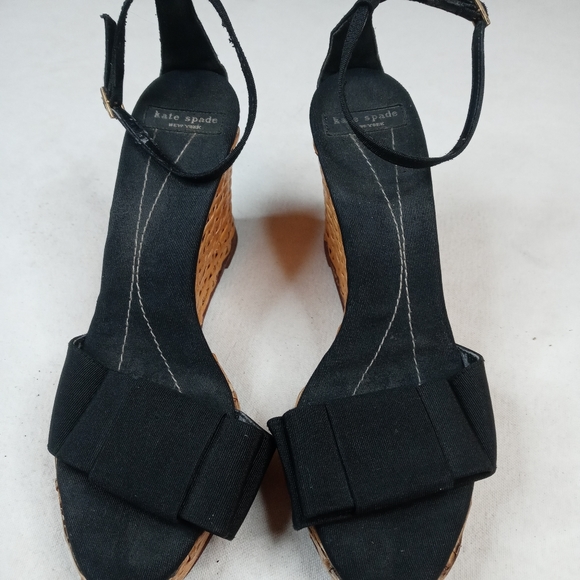 Kate Spade Bamboo Wedge Heels Black Straps Wrap An - Picture 4 of 8